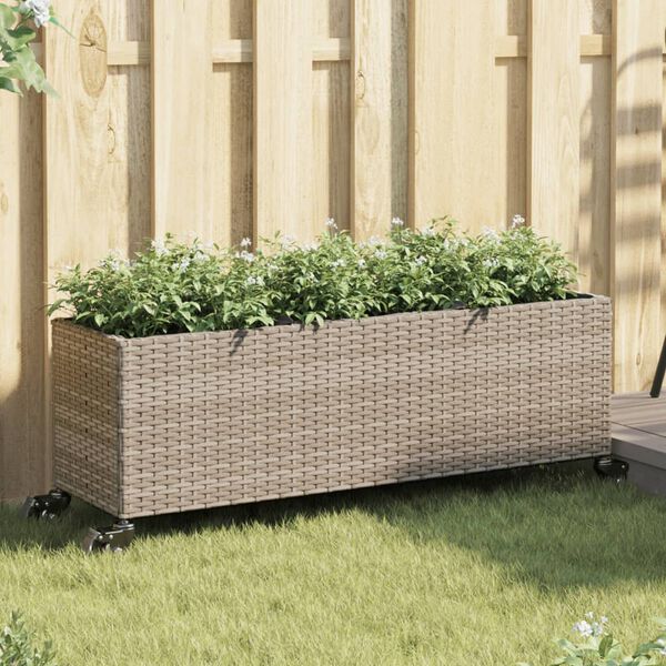 vidaXL Pflanzk&uuml;bel mit Rollen 3 T&ouml;pfe Grau 107x32x38 cm Poly-Rattan