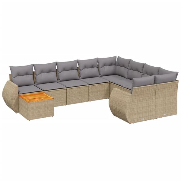 vidaXL 10-tlg. Garten-Sofagarnitur mit Kissen Beige Poly Rattan