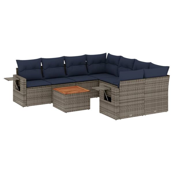 vidaXL 9-teiliges Gartensofa-Set mit Kissen, grau, Polyrattan
