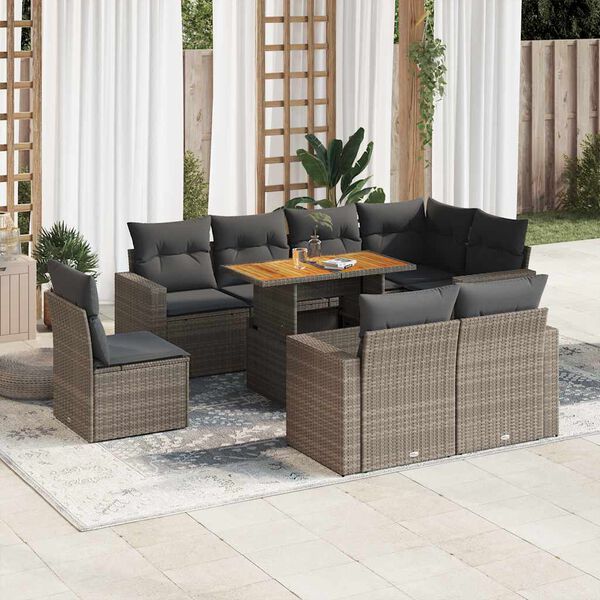 vidaXL 9-tlg. Garten-Sofagarnitur mit Kissen Grau Poly Rattan