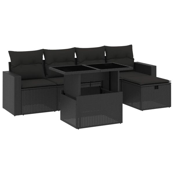vidaXL 6-tlg. Garten-Sofagarnitur mit Kissen Schwarz Poly Rattan