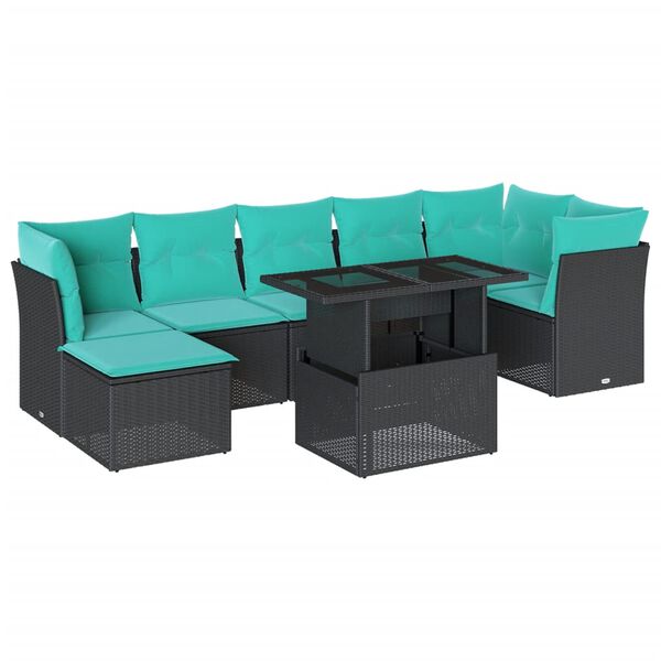vidaXL 8-teiliges Gartensofa-Set mit Kissen, schwarzes Polyrattan