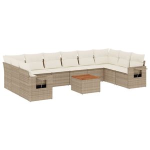 vidaXL 11-tlg. Garten-Sofagarnitur mit Kissen Beige Poly Rattan