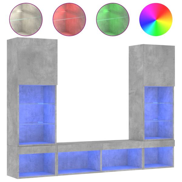 vidaXL 5-tlg. Wohnwand mit LED-Beleuchtung Betongrau Holzwerkstoff