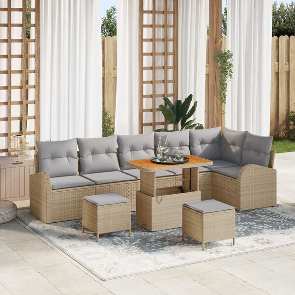 vidaXL Garten-Sofa-Set mit Kissen 9 pcs Beige Poly Rattan