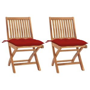 vidaXL Klappst&uuml;hle, 2 St&uuml;ck, mit roten Kissen, aus massivem Teakholz