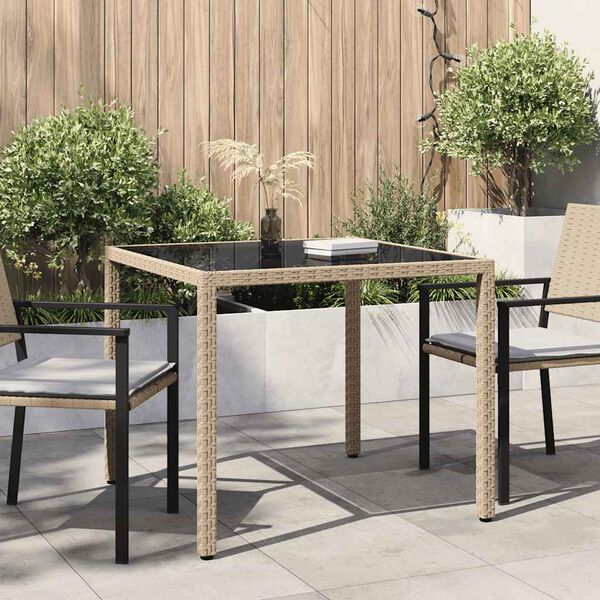 vidaXL Gartentisch 90x90x75 cm Geh&auml;rtetes Glas Poly Rattan Beige