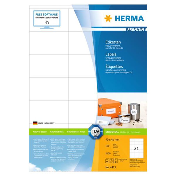 HERMA Etiketten PREMIUM Permanent Haftend A4 70x41 mm 100 Bl&auml;tter