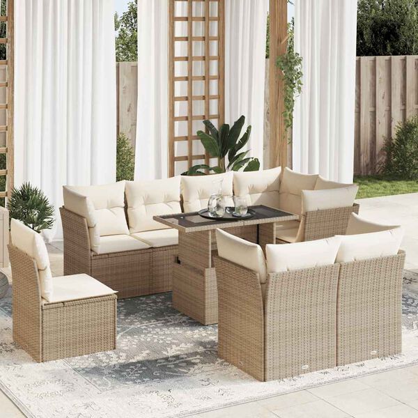 vidaXL 9-tlg. Garten-Sofagarnitur mit Kissen Beige Poly Rattan