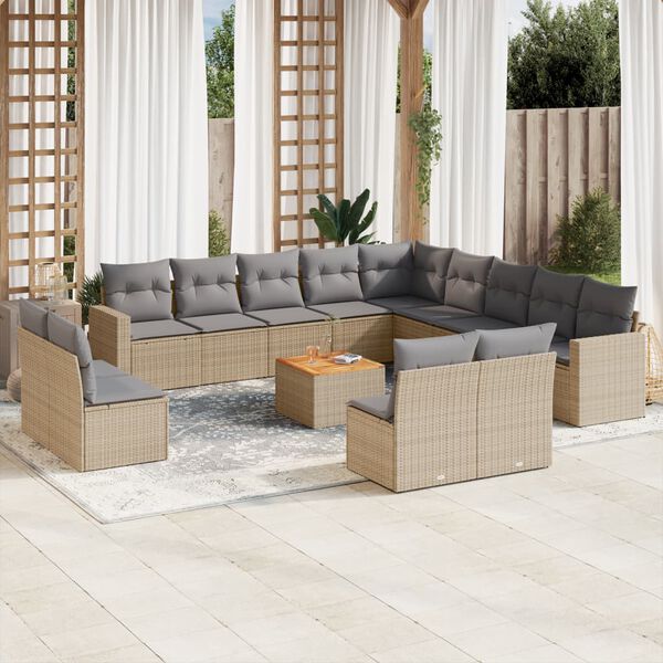 vidaXL 14-tlg. Garten-Sofagarnitur mit Kissen Beige Poly Rattan