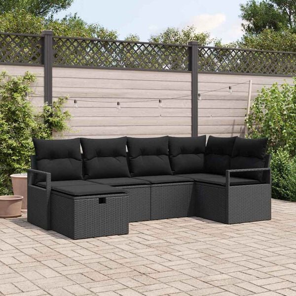 vidaXL Sofa Set mit Kissen mit Speicher Schwarz Poly-Rattan