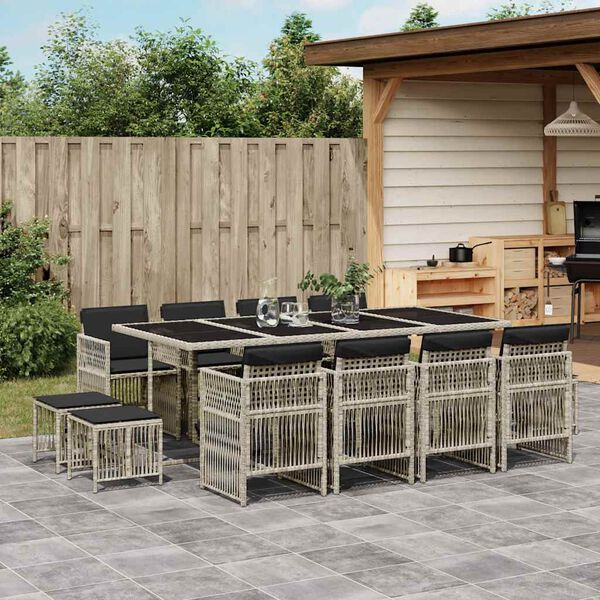 vidaXL 13-tlg. Garten-Essgruppe mit Kissen Hellgrau Poly Rattan