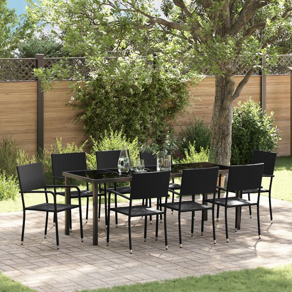 vidaXL Garten Essgruppe mit Kissen 9 pcs Schwarz Poly-Rattan