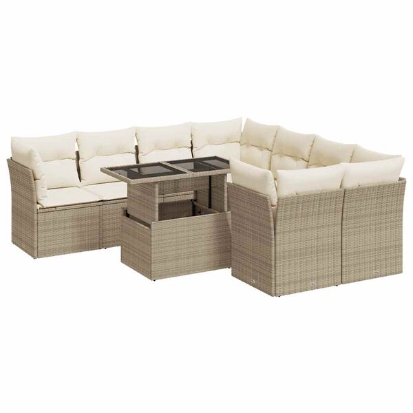 vidaXL 9-tlg. Garten-Sofagarnitur mit Kissen Beige Poly Rattan