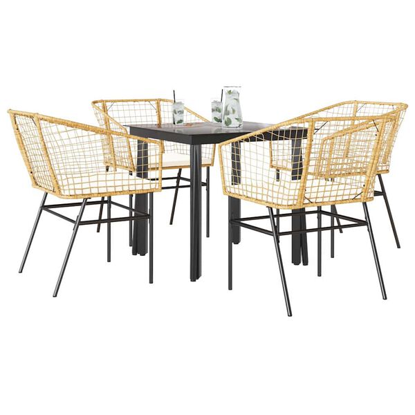 vidaXL 5-tlg. Garten-Essgruppe mit Kissen Braun Poly Rattan Glas