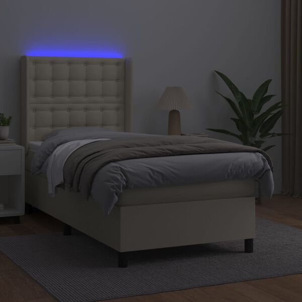 vidaXL Boxspringbett mit Matratze & LED Creme 90x190 cm Kunstleder