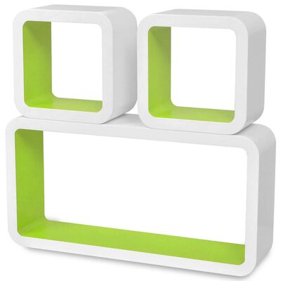 3er Set MDF Cube Regal Hängeregal Wandregal für Bücher/DVD, weiß-grün