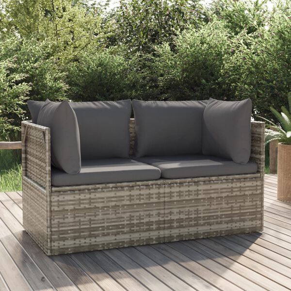 vidaXL Gartensofa 2-Sitzer mit Kissen Grau Poly Rattan