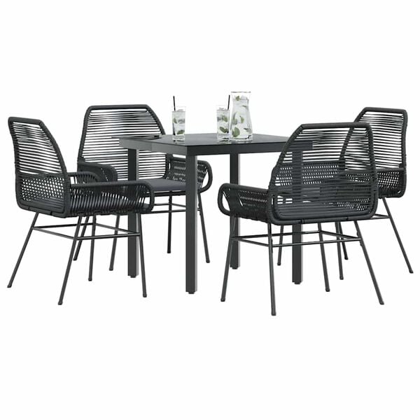 vidaXL 5-tlg. Garten-Essgruppe mit Kissen Schwarz Poly Rattan Glas