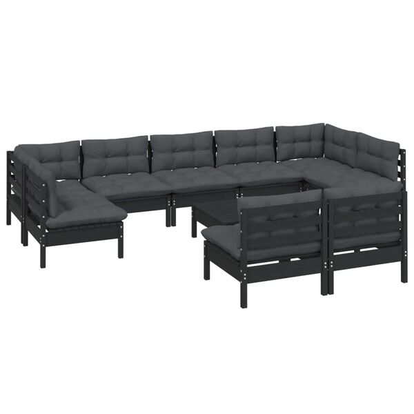 vidaXL 10-tlg. Garten-Lounge-Set mit Kissen Schwarz Massivholz Kiefer