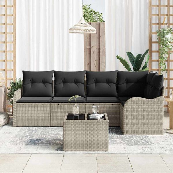 vidaXL Garten-Sofa-Set mit Kissen mit Speicher 6 pcs Grau Poly Rattan