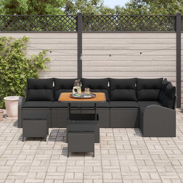 vidaXL Garten-Sofa-Set mit Kissen 9 pcs Schwarz Poly Rattan