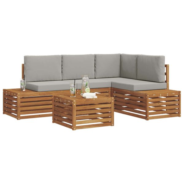vidaXL Outdoor-Sofagarnitur mit Kissen 5 St&uuml;ck Nat&uuml;rlich und Hellgrau
