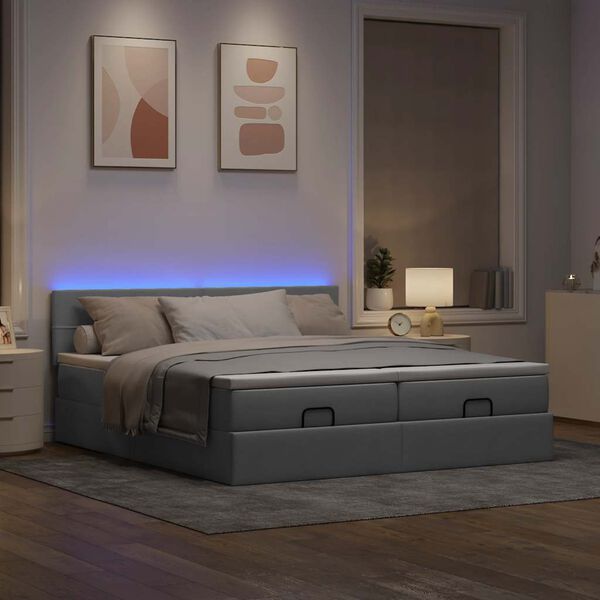 vidaXL Ottoman-Bett mit Matratzen & LEDs Hellgrau 200x200 cm Stoff