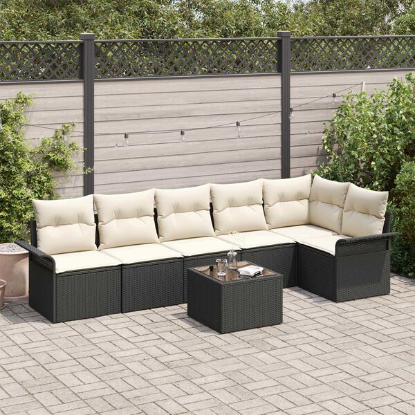 vidaXL Garten-Sofa-Set mit Kissen 7 pcs Schwarz Poly Rattan