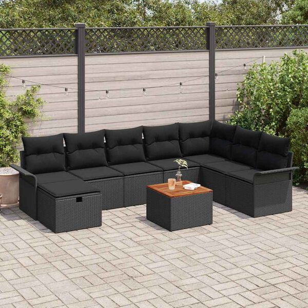 vidaXL Garten-Sofa-Set mit Kissen 9 pcs Schwarz Poly Rattan
