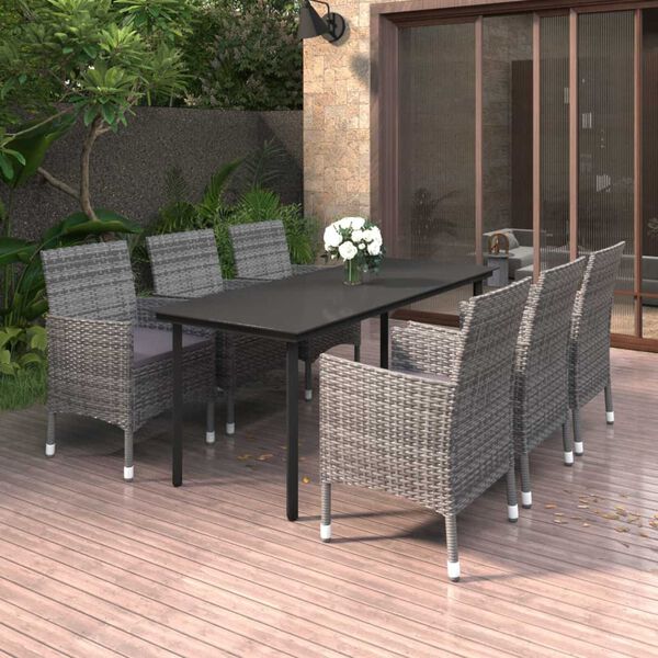 vidaXL 7-tlg. Garten-Essgruppe mit Auflagen Poly Rattan und Glas