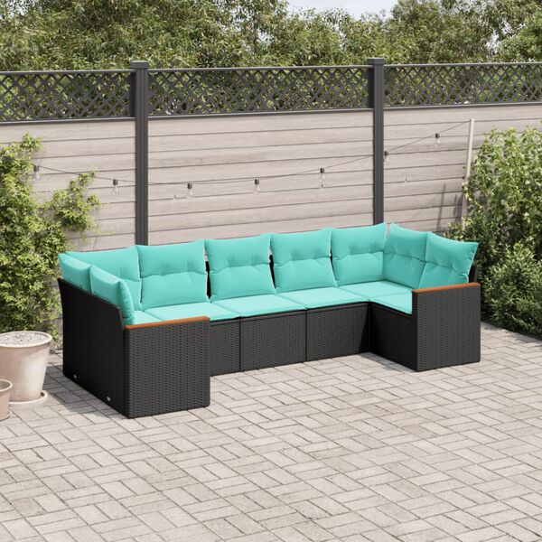 vidaXL 7-teiliges Gartensofa-Set mit Kissen, schwarzes Polyrattan