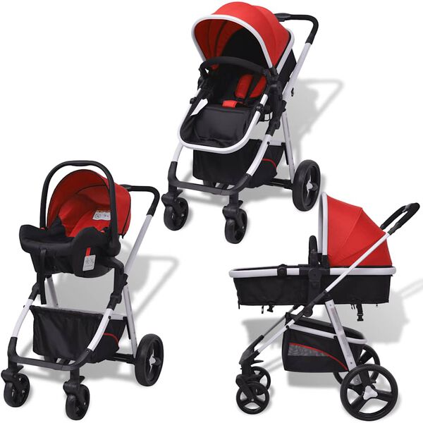vidaXL 3-in-1 Kinderwagen Aluminium Rot und Schwarz