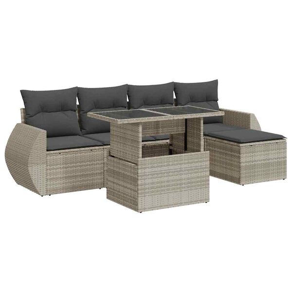 vidaXL 6-tlg. Garten-Sofagarnitur mit Kissen Hellgrau Poly Rattan