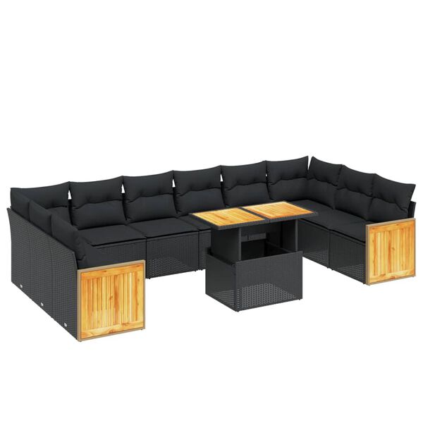 vidaXL 11-tlg. Garten-Sofagarnitur mit Kissen Schwarz Poly Rattan