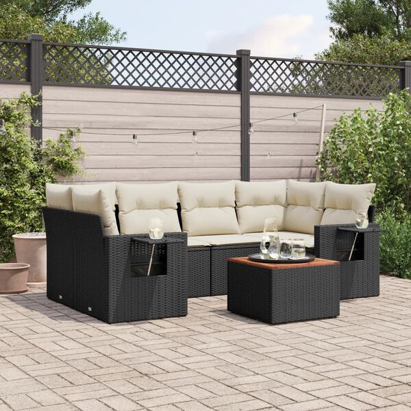 vidaXL 7-tlg. Garten-Sofagarnitur mit Kissen Schwarz Poly Rattan