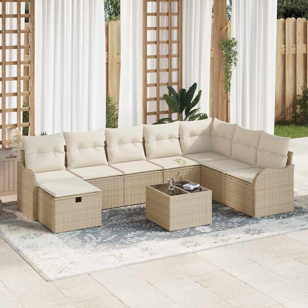 vidaXL Garten-Sofa-Set mit Kissen mit Speicher 9 pcs Beige Poly Rattan
