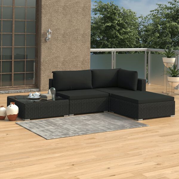 vidaXL 4-tlg. Garten-Lounge-Set mit Auflagen Poly Rattan Schwarz