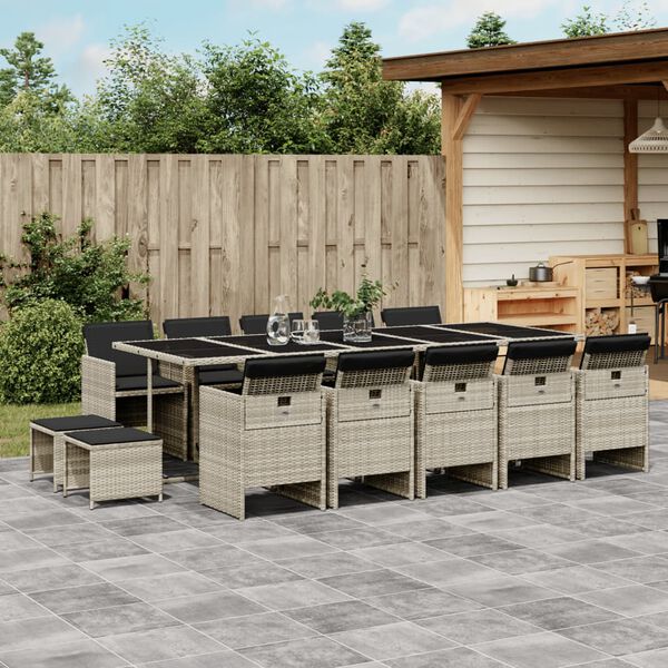 vidaXL 15-tlg. Garten-Essgruppe mit Kissen Hellgrau Poly Rattan