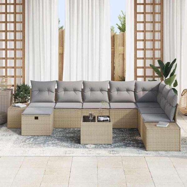 vidaXL Garten-Sofa-Set mit Kissen 9 pcs Beige Poly Rattan
