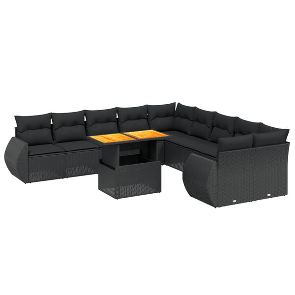 vidaXL 11-tlg. Garten-Sofagarnitur mit Kissen Schwarz Poly Rattan