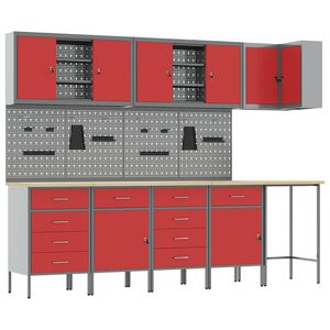 vidaXL Arbeitsschrankset mit Schubladen mit Regal 12 Stk. Rot und Grau