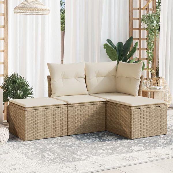 vidaXL 4-tlg. Garten-Sofagarnitur mit Kissen Beige Poly Rattan