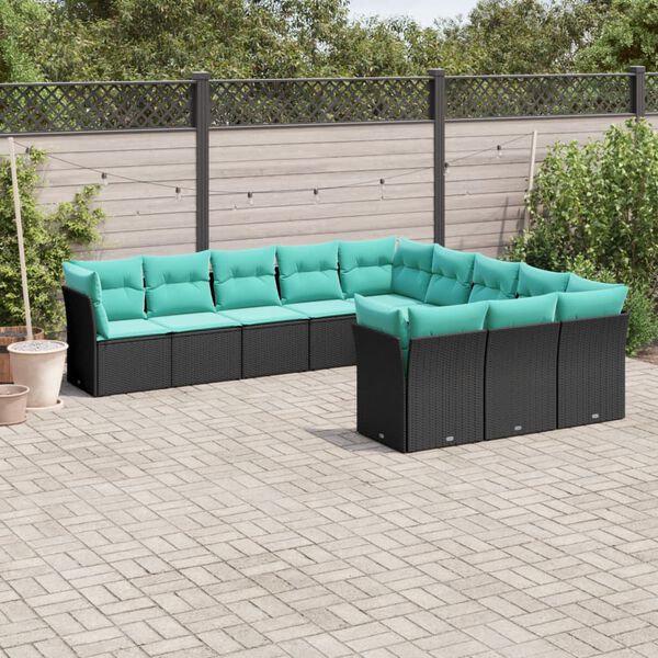 vidaXL 11-teiliges Gartensofa-Set mit Kissen, schwarzes Polyrattan