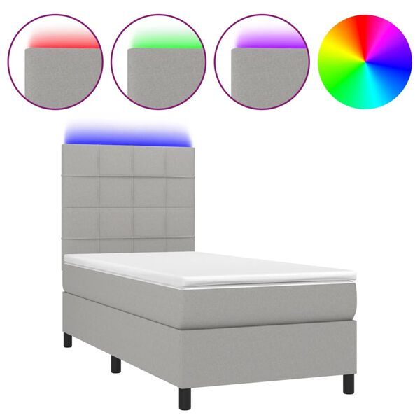 vidaXL Boxspringbett mit Matratze & LED Hellgrau 90x190 cm Stoff