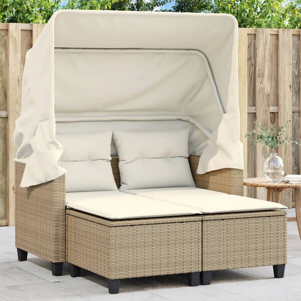 vidaXL Gartensofa 2-Sitzer mit Dach und Hockern Beige Poly Rattan