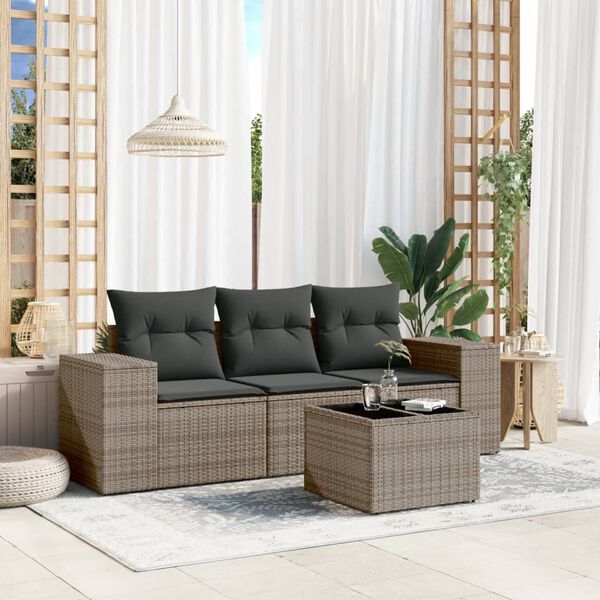 vidaXL 4-tlg. Garten-Sofagarnitur mit Kissen Grau Poly Rattan