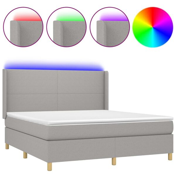 vidaXL Boxspringbett mit Matratze & LED Hellgrau 180x200 cm Stoff