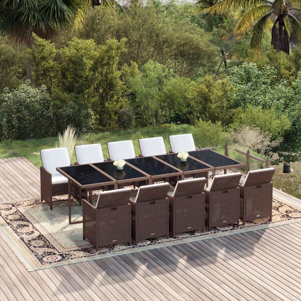vidaXL 11-tlg. Garten-Essgruppe mit Kissen Poly Rattan Braun