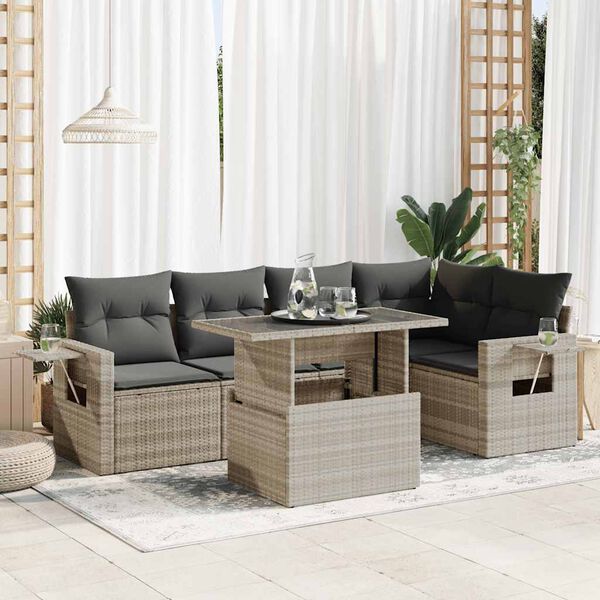 vidaXL 6-tlg. Garten-Sofagarnitur mit Kissen Hellgrau Poly Rattan